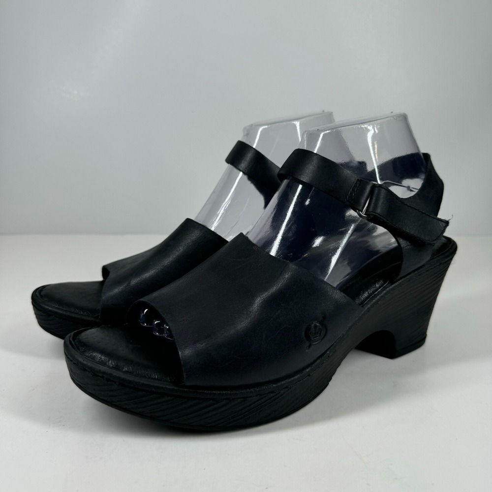 Born Modern Women's 10M Black Leather Comfort Platform Wedge Clog Sandals F41203